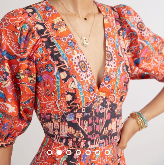 Anthropologie Floral Midi in Red Orange Motif Slit Hem Dress - Picture 4 of 9